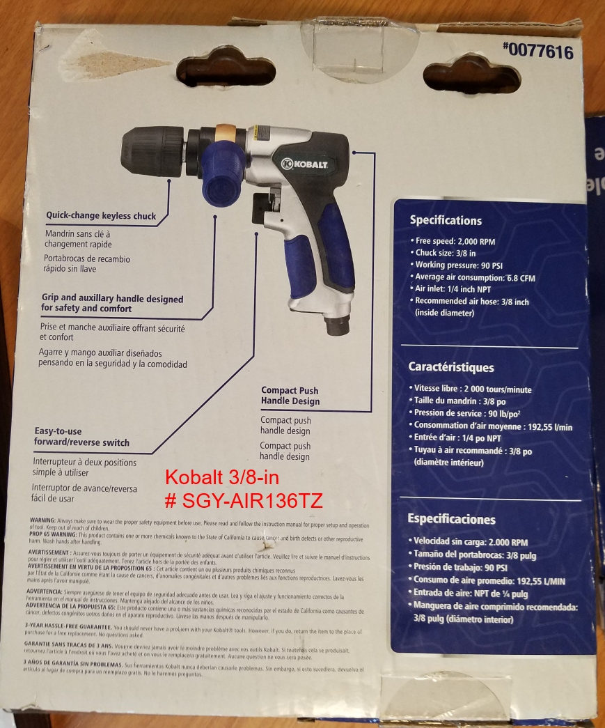 Kobalt 3/8-in Rocker Switch Air Drill SGY-AIR136TZ